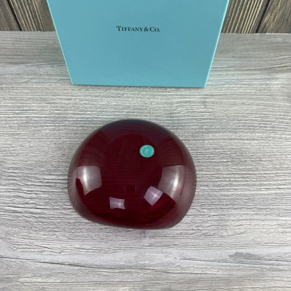 Tiffany & Co Elsa Peretti Thumbprint Dish Red Venetian Glass 24K Gold 5